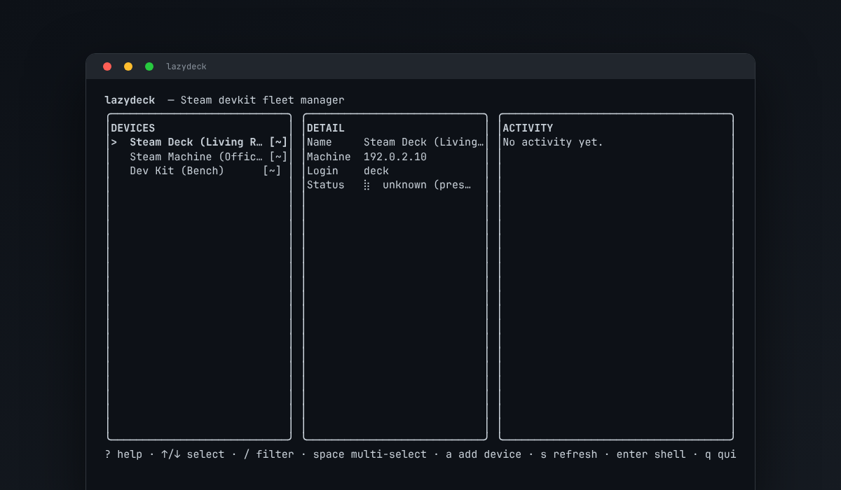 lazydeck terminal UI showing a device list panel, detail panel, and activity log, managing three Steam devkits